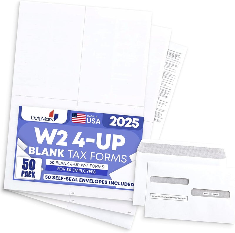 Dutymark W2 Forms 2025 with Envelopes, Blank W2 4 Up Tax Forms 2025, 50 Employees kit, with Instructions in Back, Compatible with QuickBooks and Accounting Software, Idea for E-Filing, 50 Self Seal Envelopes - Image 4