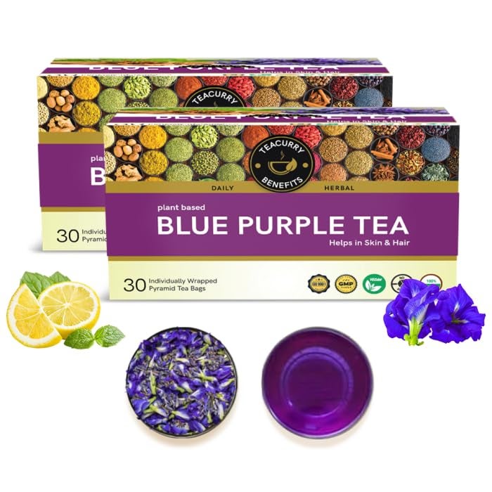 Teacurry Blue Purple Tea (60 bags) - Supports Skin Wellness and Hair Strength| | Flower Based, Caffeine Free Herbal Tea - Image 1