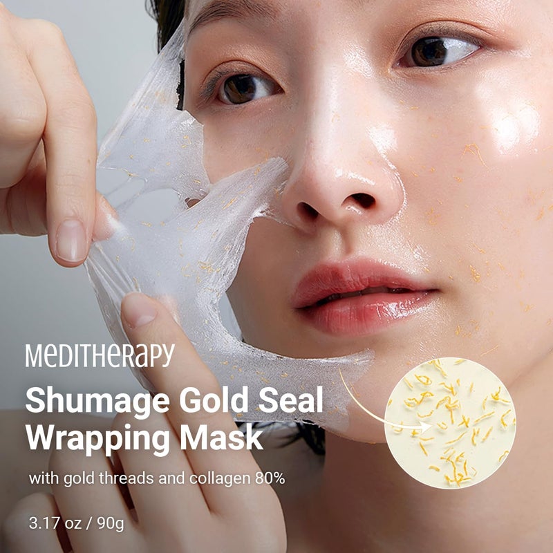 MEDITHERAPY Shumage Gold Seal Wrapping Mask (3.17 oz), Overnight Peel Off Mask with Gold Threads & 82.5% Collagen, Reviatlizing, Tightening, Korean Skin Care - Image 2