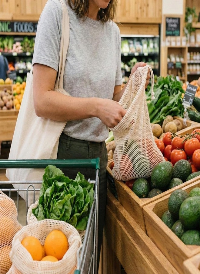 NETZILLA 100% Cotton Set of 5 Fridge Drawstring Bags | Eco-Friendly Natural Vegetables Storage Mesh Net for Fridge | Multi-Purpose Cotton Mesh Bag (Natural) - Image 4