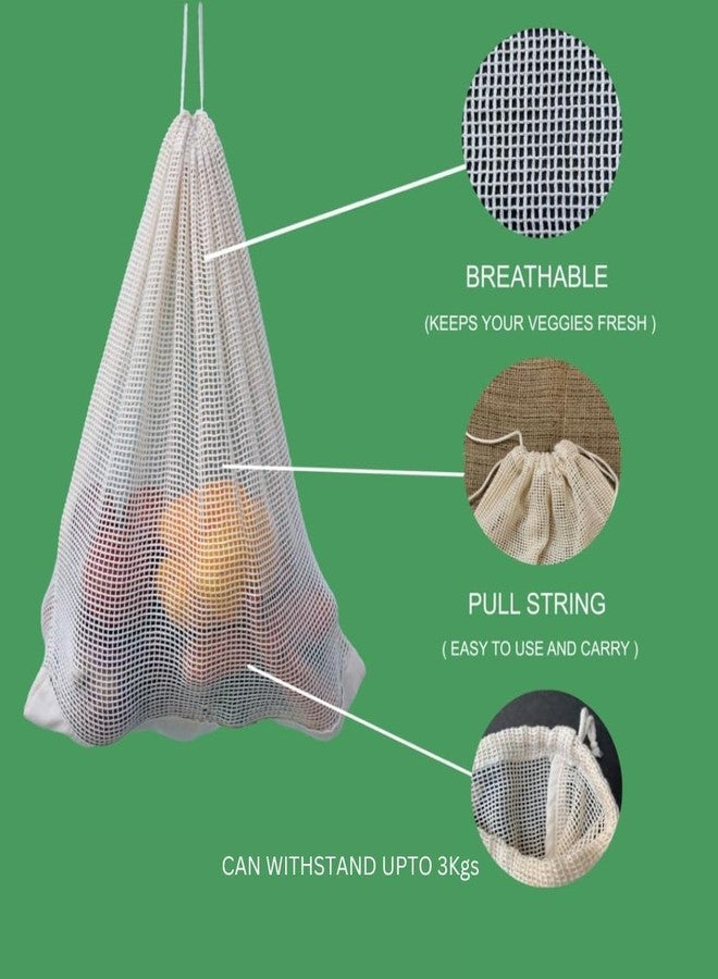 NETZILLA 100% Cotton Set of 5 Fridge Drawstring Bags | Eco-Friendly Natural Vegetables Storage Mesh Net for Fridge | Multi-Purpose Cotton Mesh Bag (Natural) - Image 3