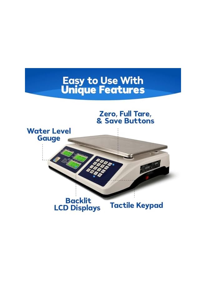 PROMASS Highly Efficient 66lb/30kg Digital Price Computing Scale for Commercial Use, Dual LCD Display, Stainless Steel Platform, Rechargeable Battery, Ideal for Fruits, Vegetables, Meat, and Produce - Image 4