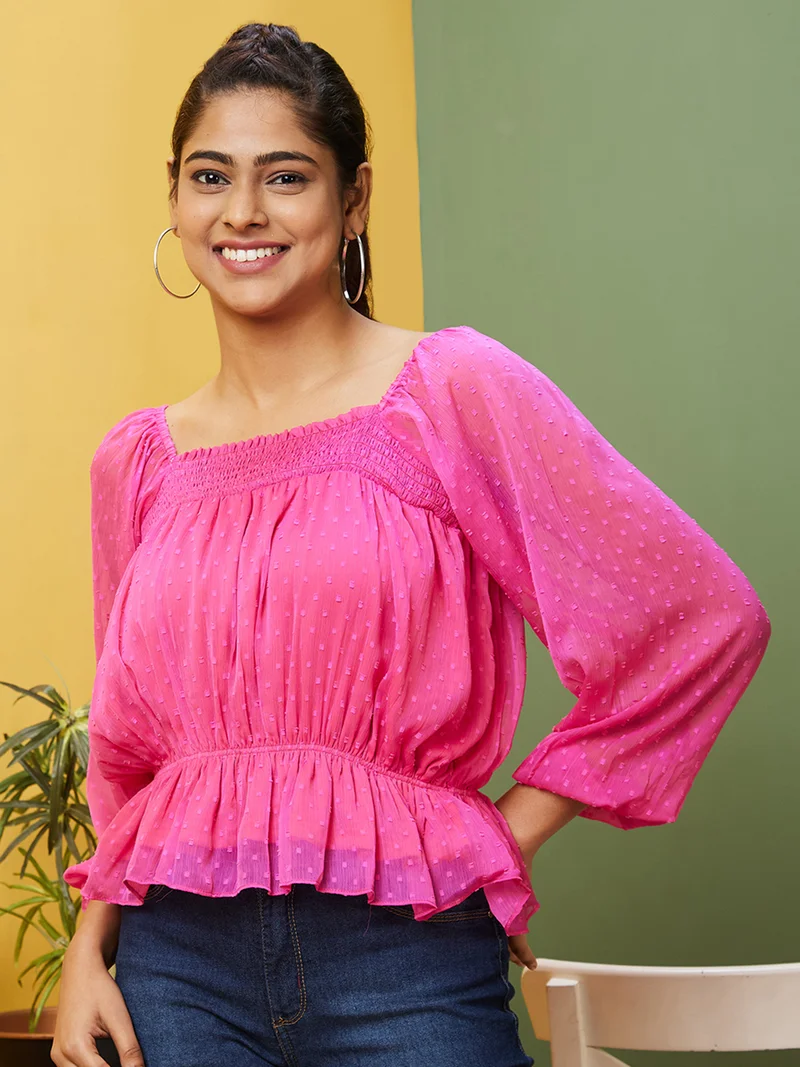 Women Pink Self Design Puff Sleeve Cinched Waist Top