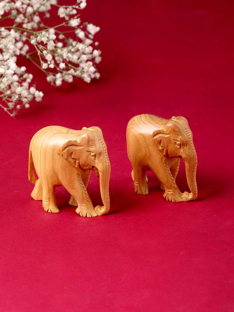 RDK RDK Handmade Sandalwood Elephant Pair Set of 2 Hand Carved Chandan Small Elephant Showpiece Wooden Animal Figure for Living Room or Shelf Decoration White Sandalwood Down Trunk - Image 4
