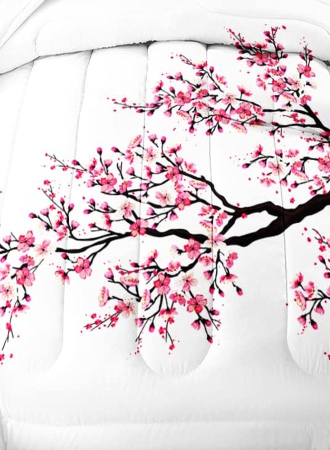 Suncloris Romantic Asian Cherry Blossom Sakura Flower Branches Comforter Set for Girls Kids Teens, Twin Size Eastern Red Petal Floral Art Quilted Duvet with 2 Nature Plant Pillowcases - 68" x 86 (Red, Twin) - Image 3