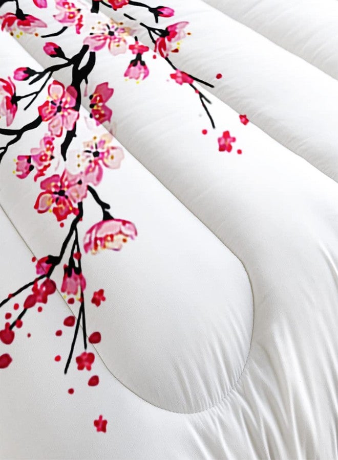 Suncloris Romantic Asian Cherry Blossom Sakura Flower Branches Comforter Set for Girls Kids Teens, Twin Size Eastern Red Petal Floral Art Quilted Duvet with 2 Nature Plant Pillowcases - 68" x 86 (Red, Twin) - Image 4
