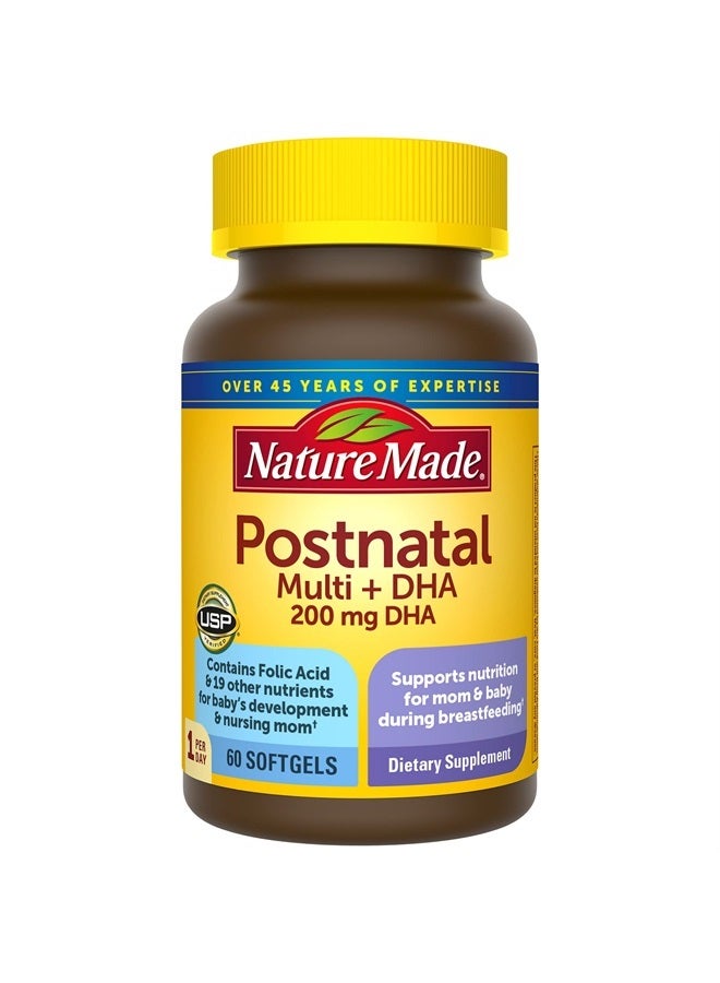 Nature Made Postnatal Multivitamin + DHA 200 mg, Postnatal Vitamins for Breastfeeding Moms & Babies, Vitamins & Nutrients Include Iron, Vitamin D3, Calcium, Iodine and More, 60 Softgels - Image 1