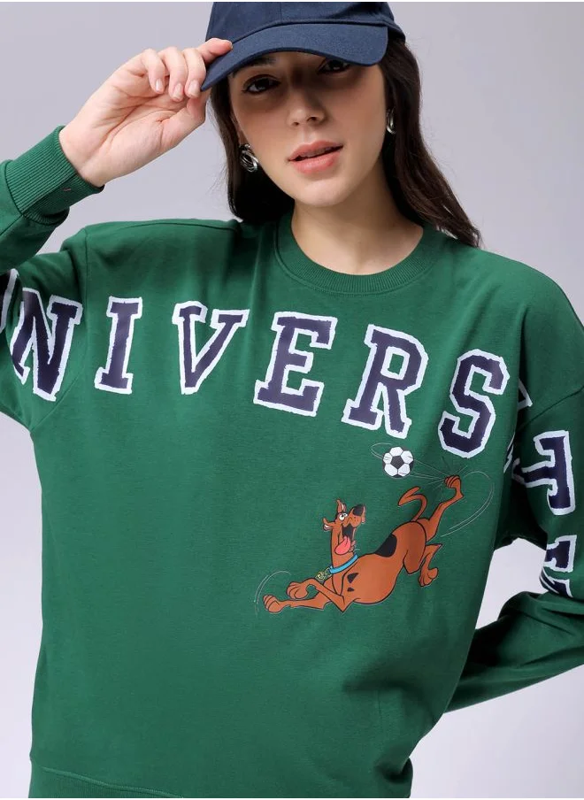 Freehand Women Boxy Green Printed Crew Neck Long Sleeve Sweatshirt