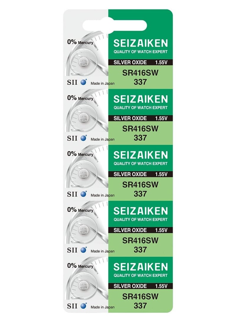 سيزايكن Seizaiken 337 (SR416SW) 0%Mercury Silver Oxide 1.55V Japan Batteries - 5 Pieces 