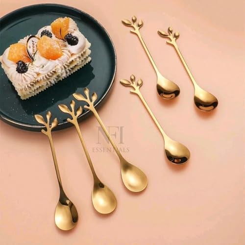 NFI essentials 6 Pcs Leaf Design Coffee Tea Spoons Set, Stainless Steel 13cm Golden Retro Dessert Espresso Spoons Cutlery Kitchen Tableware, Perfect for Mixing & Stirring - Image 5
