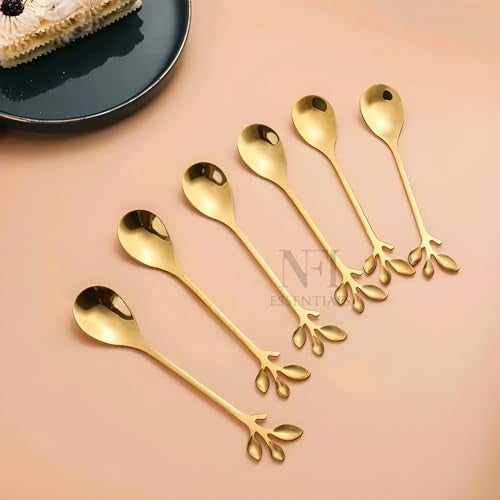 NFI essentials 6 Pcs Leaf Design Coffee Tea Spoons Set, Stainless Steel 13cm Golden Retro Dessert Espresso Spoons Cutlery Kitchen Tableware, Perfect for Mixing & Stirring - Image 1