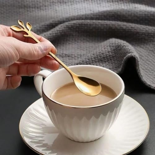 NFI essentials 6 Pcs Leaf Design Coffee Tea Spoons Set, Stainless Steel 13cm Golden Retro Dessert Espresso Spoons Cutlery Kitchen Tableware, Perfect for Mixing & Stirring - Image 2