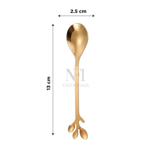 NFI essentials 6 Pcs Leaf Design Coffee Tea Spoons Set, Stainless Steel 13cm Golden Retro Dessert Espresso Spoons Cutlery Kitchen Tableware, Perfect for Mixing & Stirring - Image 4
