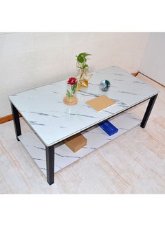 NKX White Marble finish with Black bold steel frame and glass Top 2 Tier Modern Living Room Home Sofa Table  - Image 5