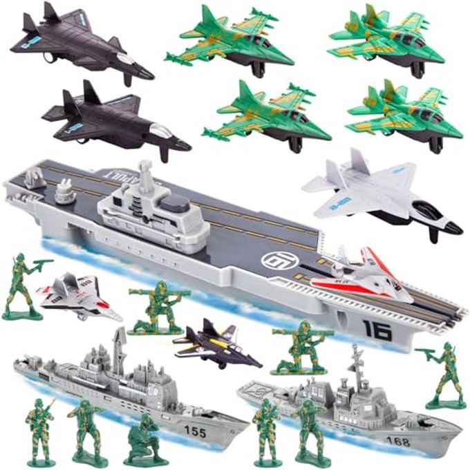 3 otters 27PCS Aircraft Carrier Toy Set, Army Men Military Set Battle Group Plastic Military Toy Aircraft Carrier Warplanes Battleship for Boys Kids Birthday Gift - Image 1