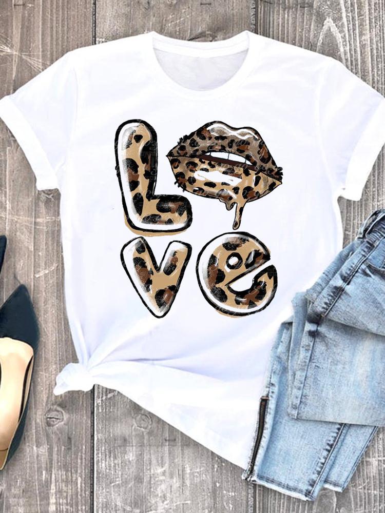 Love Heart Leopard Print Love Printed Top Summer Women'S T-Shirt - Image 1