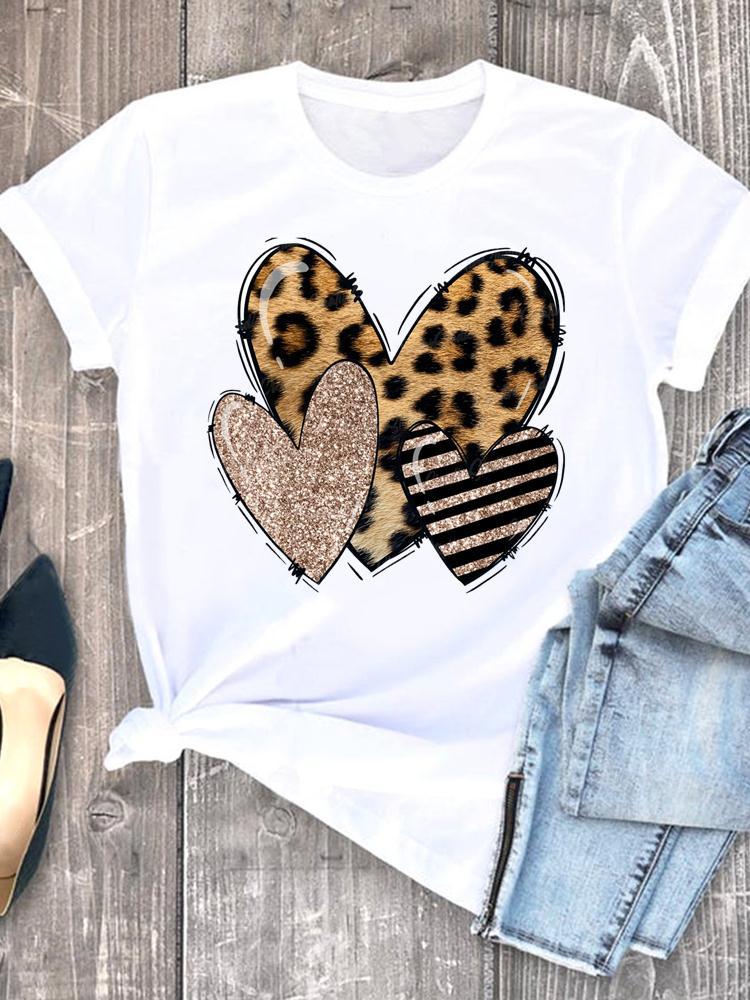Love Heart Leopard Print Love Printed Top Summer Women'S T-Shirt - Image 3