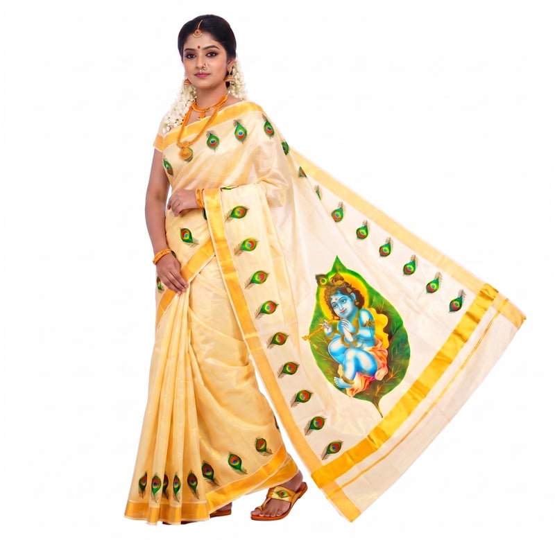 YETTALAN® Women’s Mural Printed Kerala Gold Tissue Saree with Running Blouse (Baby Krishna On Leaf) - Image 1