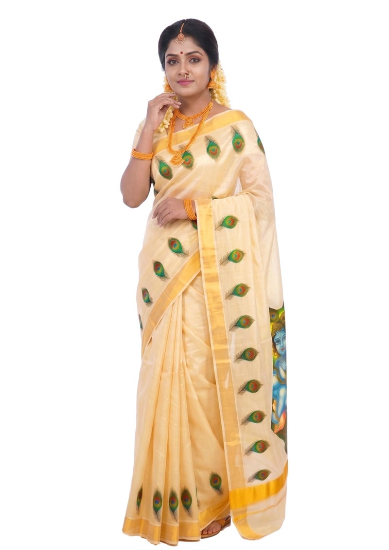 YETTALAN® Women’s Mural Printed Kerala Gold Tissue Saree with Running Blouse (Baby Krishna On Leaf) - Image 5