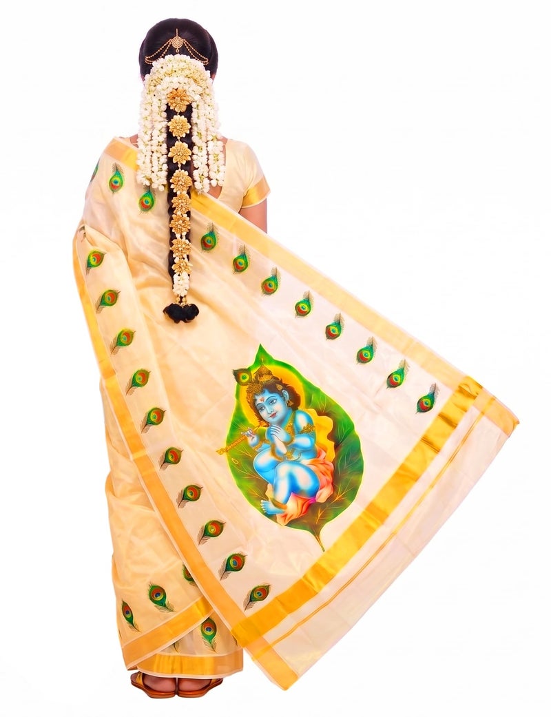 YETTALAN® Women’s Mural Printed Kerala Gold Tissue Saree with Running Blouse (Baby Krishna On Leaf) - Image 2