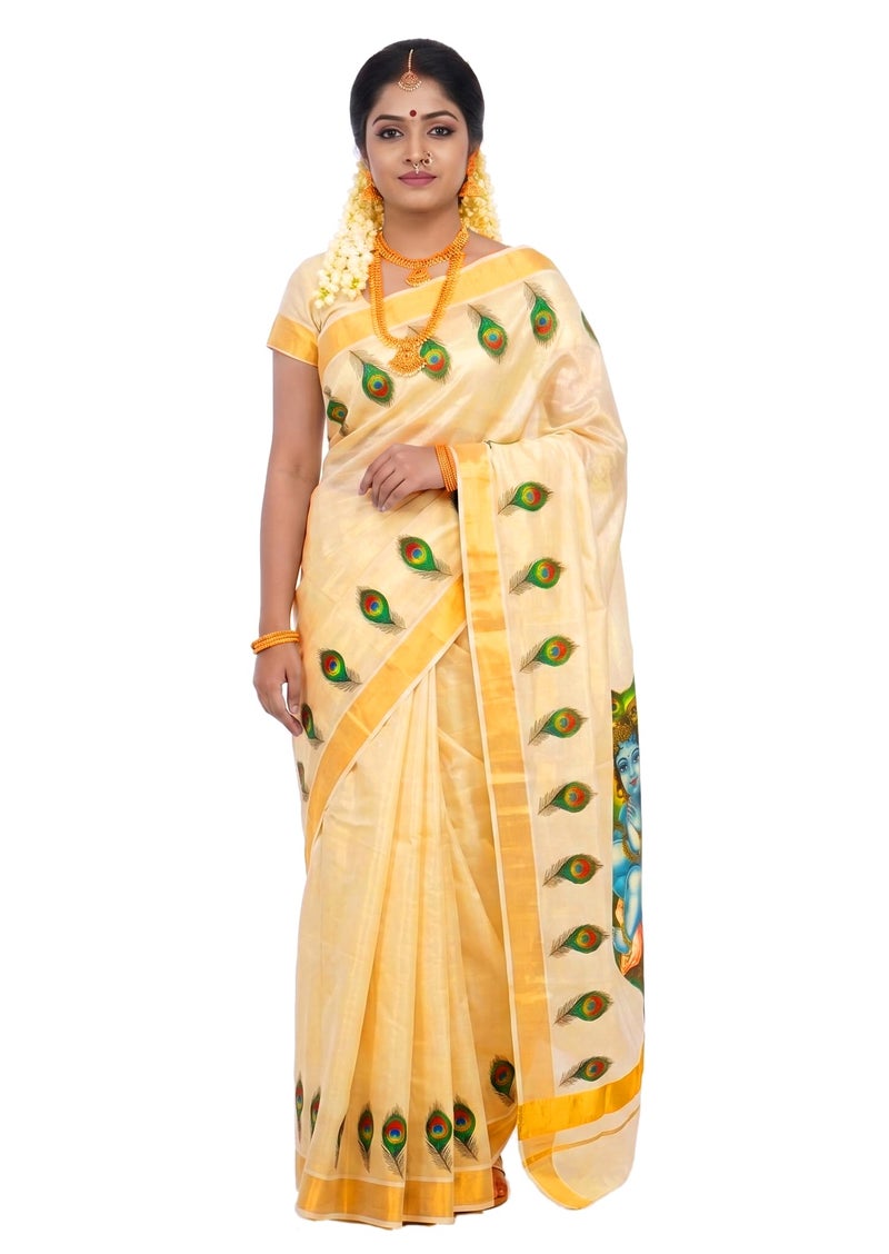 YETTALAN® Women’s Mural Printed Kerala Gold Tissue Saree with Running Blouse (Baby Krishna On Leaf) - Image 3