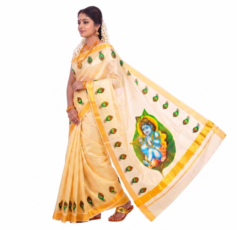 YETTALAN® Women’s Mural Printed Kerala Gold Tissue Saree with Running Blouse (Baby Krishna On Leaf) - Image 4
