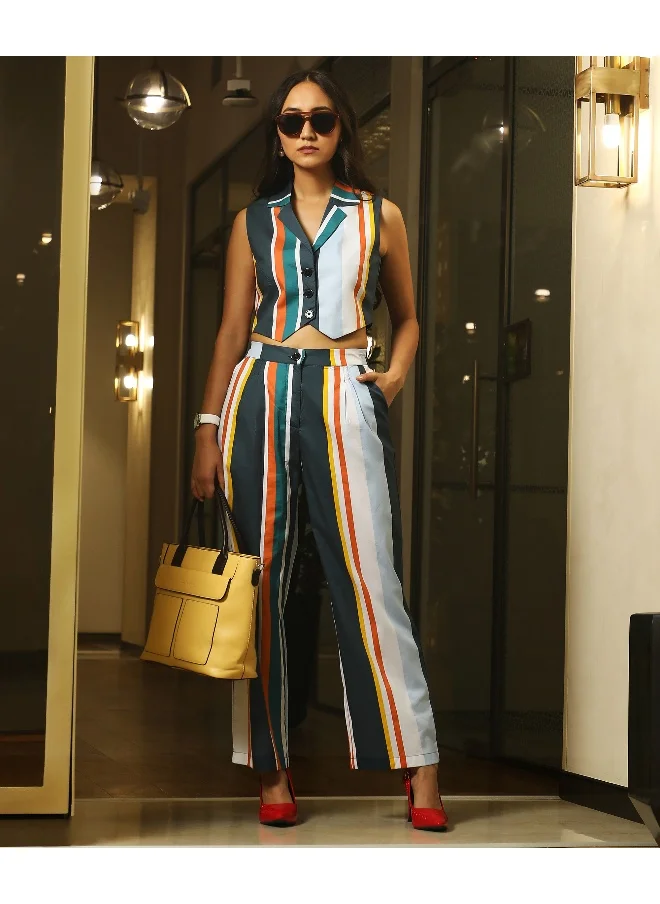 QISSA Women's Multicolour Striped Vest Co-Ord Set