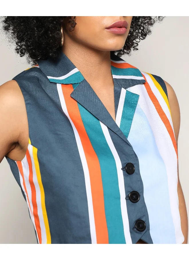 QISSA Women's Multicolour Striped Vest Co-Ord Set