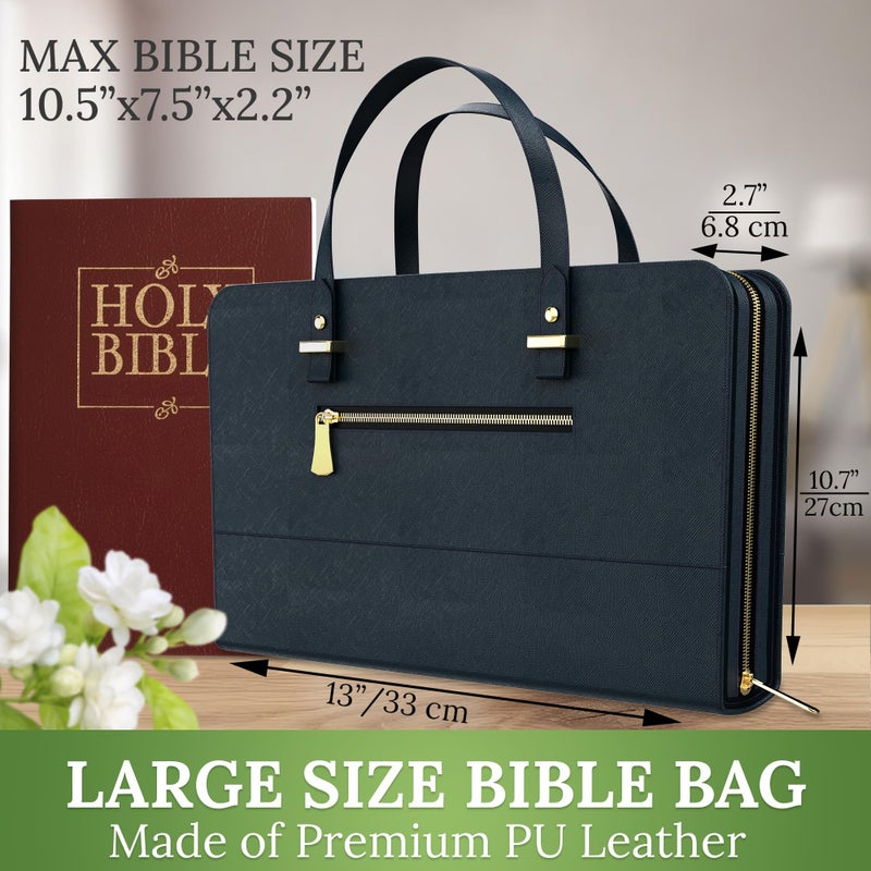 DEHITE Bible Bags for Women - Black Leather Bible Carrying Case Large Size - Tote Bag - Case Size 13 x 10.7 x 2.7 IN - Pen Slots - Zippered Pocket - Premium PU Leather - Christian Gifts - Image 4