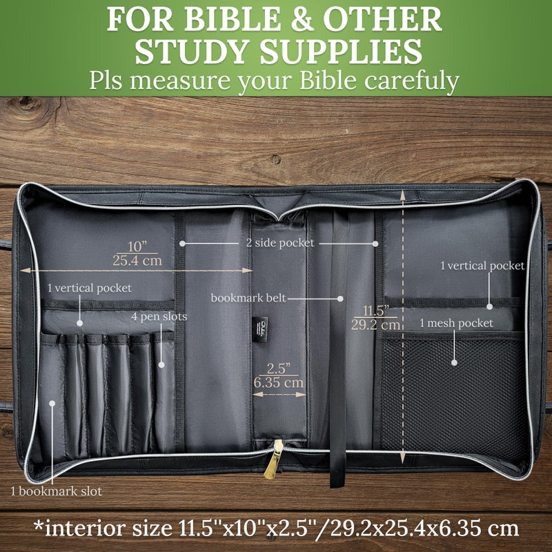 DEHITE Bible Bags for Women - Black Leather Bible Carrying Case Large Size - Tote Bag - Case Size 13 x 10.7 x 2.7 IN - Pen Slots - Zippered Pocket - Premium PU Leather - Christian Gifts - Image 5