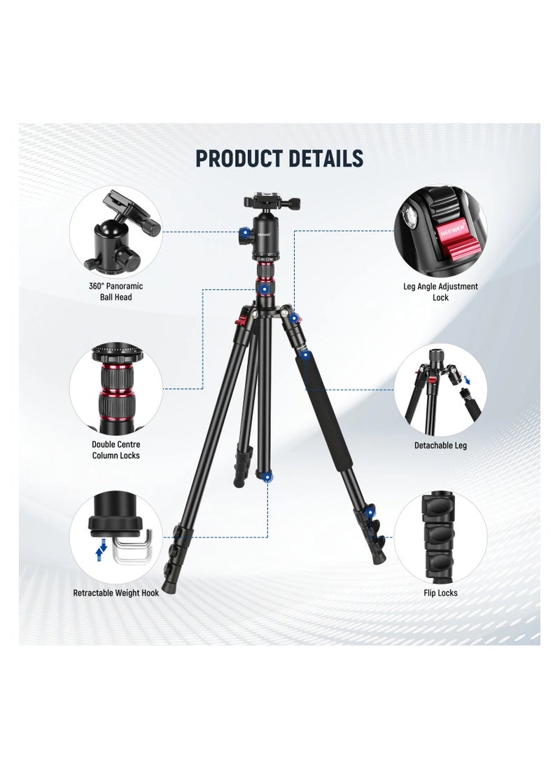 Neewer - Neewer 77" 2-in-1 Compact Aluminum Tripod Monopod, Camera Tripod for DSLR with 360 Degree Ball Head, 2 Center Axis, QR Plate and 8 Kg Load for Travel and Work, Carry Bag Included, Black - Image 1
