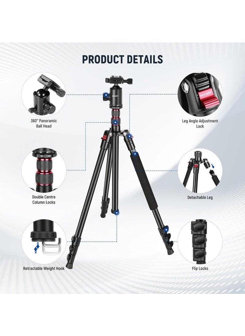 Neewer - Neewer 77" 2-in-1 Compact Aluminum Tripod Monopod, Camera Tripod for DSLR with 360 Degree Ball Head, 2 Center Axis, QR Plate and 8 Kg Load for Travel and Work, Carry Bag Included, Black - Image 1