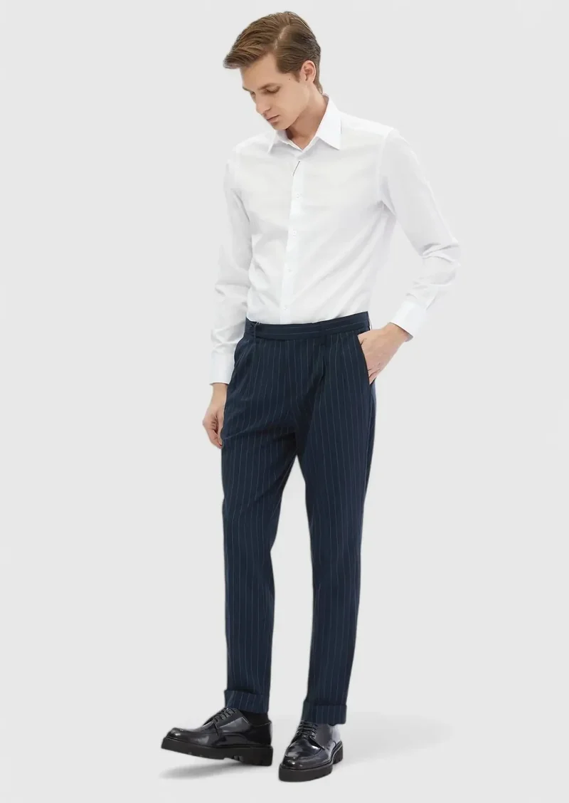 RAMSEY Navy Blue Weaving Carrot Fit Classical Trousers