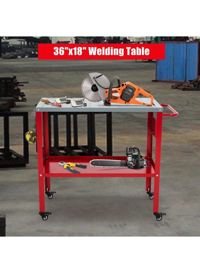 GarveeTech Movable Welding Table 36"x18", 1200lbs Steel Welding Workbench Table, Portable Work Bench with 8 Tool Slots, 5/8-inch Fixture Holes, 4 Casters with Brakes and Tool Tray - Image 2