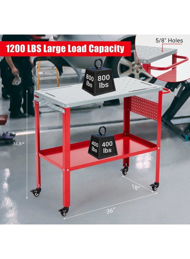 GarveeTech Movable Welding Table 36"x18", 1200lbs Steel Welding Workbench Table, Portable Work Bench with 8 Tool Slots, 5/8-inch Fixture Holes, 4 Casters with Brakes and Tool Tray - Image 3