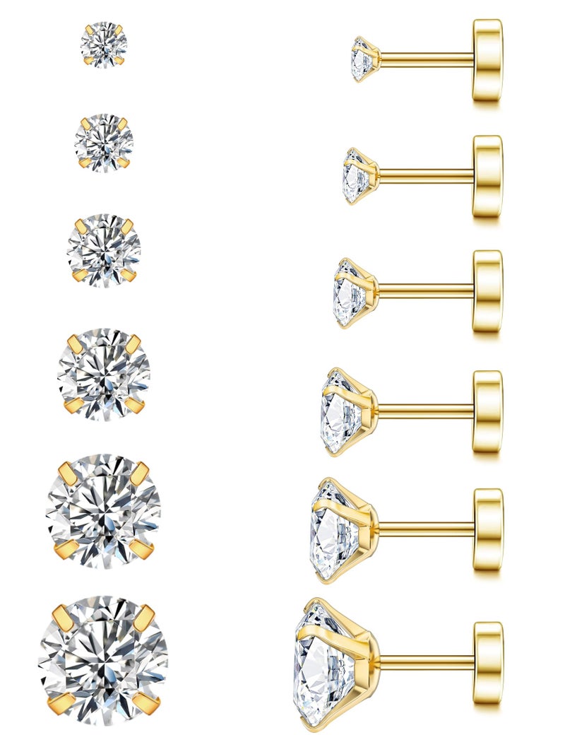 WSSXC 20G Hypoallergenic Flat Back Earrings for Women Men Silver 14K Gold Stainless Steel Stud Earrings Brithstone Cubic Zirconia Studs Surgical Steel Cartilage Earrings for Sensitive Ears