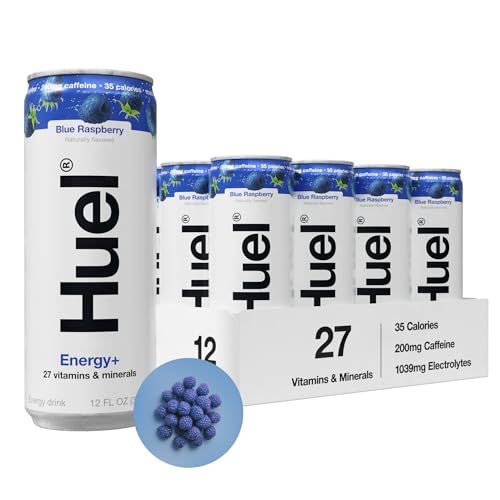 Huel Energy+ | Blue Raspberry Energy Drink | Refreshing Plant-Based Drink with Real Fruit | 200mg of Caffeine and 27 Vitamins & Minerals | 35 Calories per 12 FL Oz, 12 Pack - Image 1