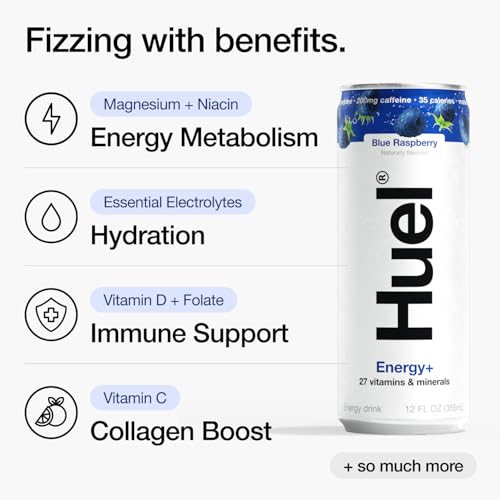 Huel Energy+ | Blue Raspberry Energy Drink | Refreshing Plant-Based Drink with Real Fruit | 200mg of Caffeine and 27 Vitamins & Minerals | 35 Calories per 12 FL Oz, 12 Pack - Image 3