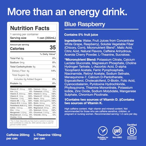 Huel Energy+ | Blue Raspberry Energy Drink | Refreshing Plant-Based Drink with Real Fruit | 200mg of Caffeine and 27 Vitamins & Minerals | 35 Calories per 12 FL Oz, 12 Pack - Image 2