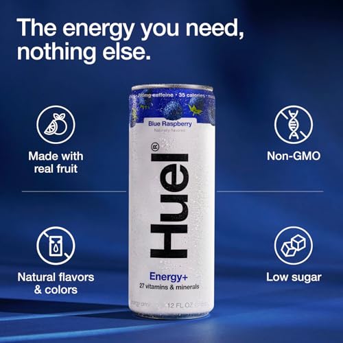 Huel Energy+ | Blue Raspberry Energy Drink | Refreshing Plant-Based Drink with Real Fruit | 200mg of Caffeine and 27 Vitamins & Minerals | 35 Calories per 12 FL Oz, 12 Pack - Image 4