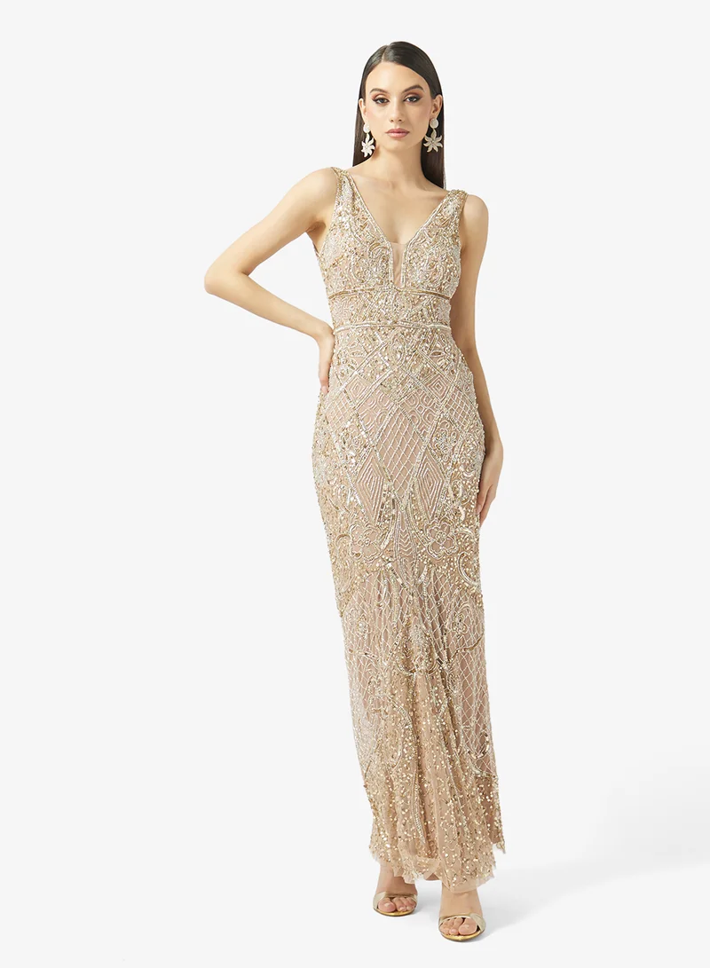 BEAUUT Embellished V-Neck Sequin Maxi Dress