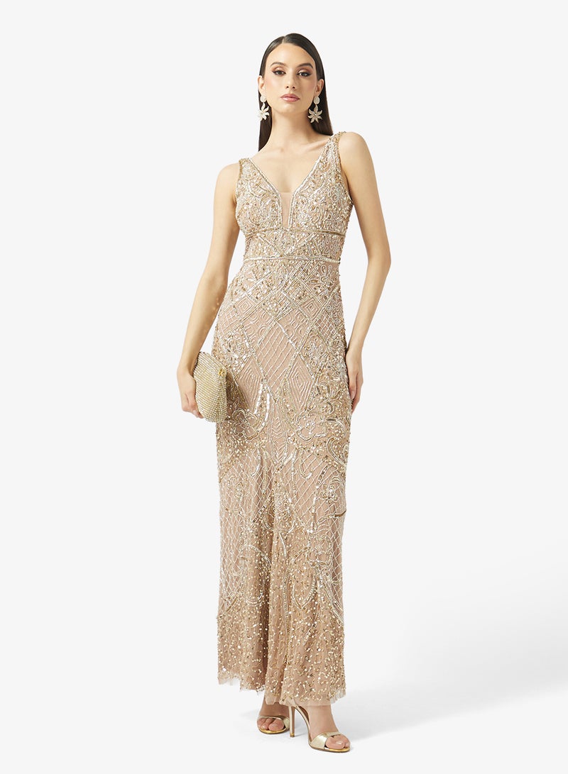 بيوت فستان ماكسي مزين بالترتر بياقة على شكل حرف - Image 4