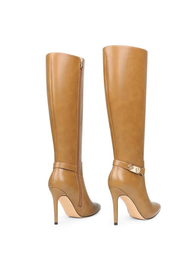 COLETER Women's Knee High Boots Pointed Toe Stiletto Buckle Dress Boots Slouch Zipper Heeled Boots, Tan, 7.5 - Image 5