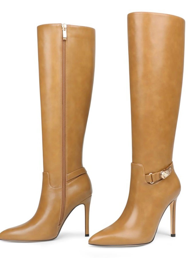 COLETER Women's Knee High Boots Pointed Toe Stiletto Buckle Dress Boots Slouch Zipper Heeled Boots, Tan, 7.5 - Image 1