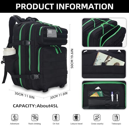 Lovelinks21 45L Tactical Assault Backpack - 3 Day Assault Pack with MOLLE Waterproof Rucksack (Back Green) - Image 2