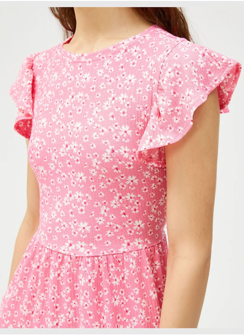 KOTON Crew Neck Floral Ruffle Mini Dress