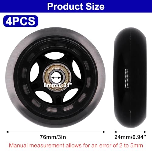 BENLIUDH Inline Skate Wheels With Bearings, 3 Inch Roller Blade 76mm Outdoor and Indoor Clear Wheels for Office Chairs, Luggage (4 Pack, Black) - Image 2