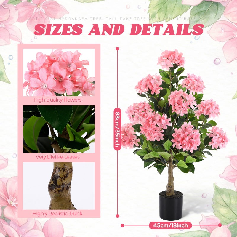 Lunmon 2 Pack 3ft Artificial Hydrangea Tree Faux Hydrangea Plant Indoor Outdoor Fake Flower Tree with Cement Base Pot Real to Touch Plant Decoration for Home Garden Office Housewarming Wedding(White) - Image 2