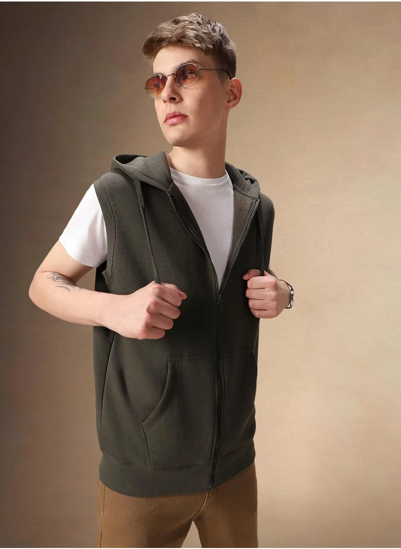 دينيس لينغو Men's Olive Polyester Blend Solid Regular Fit Sweatshirt
