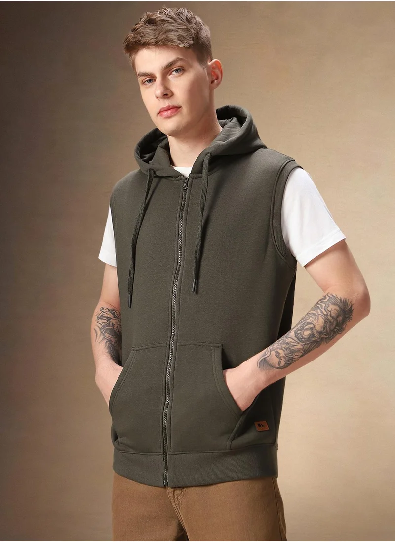 دينيس لينغو Men's Olive Polyester Blend Solid Regular Fit Sweatshirt